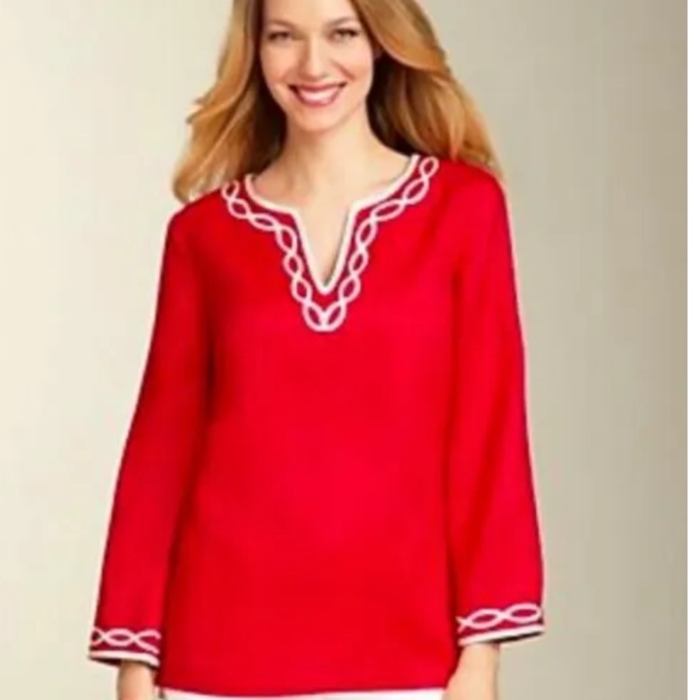 Talbots 100% Linen Popover Tunic Top Soutache Braid